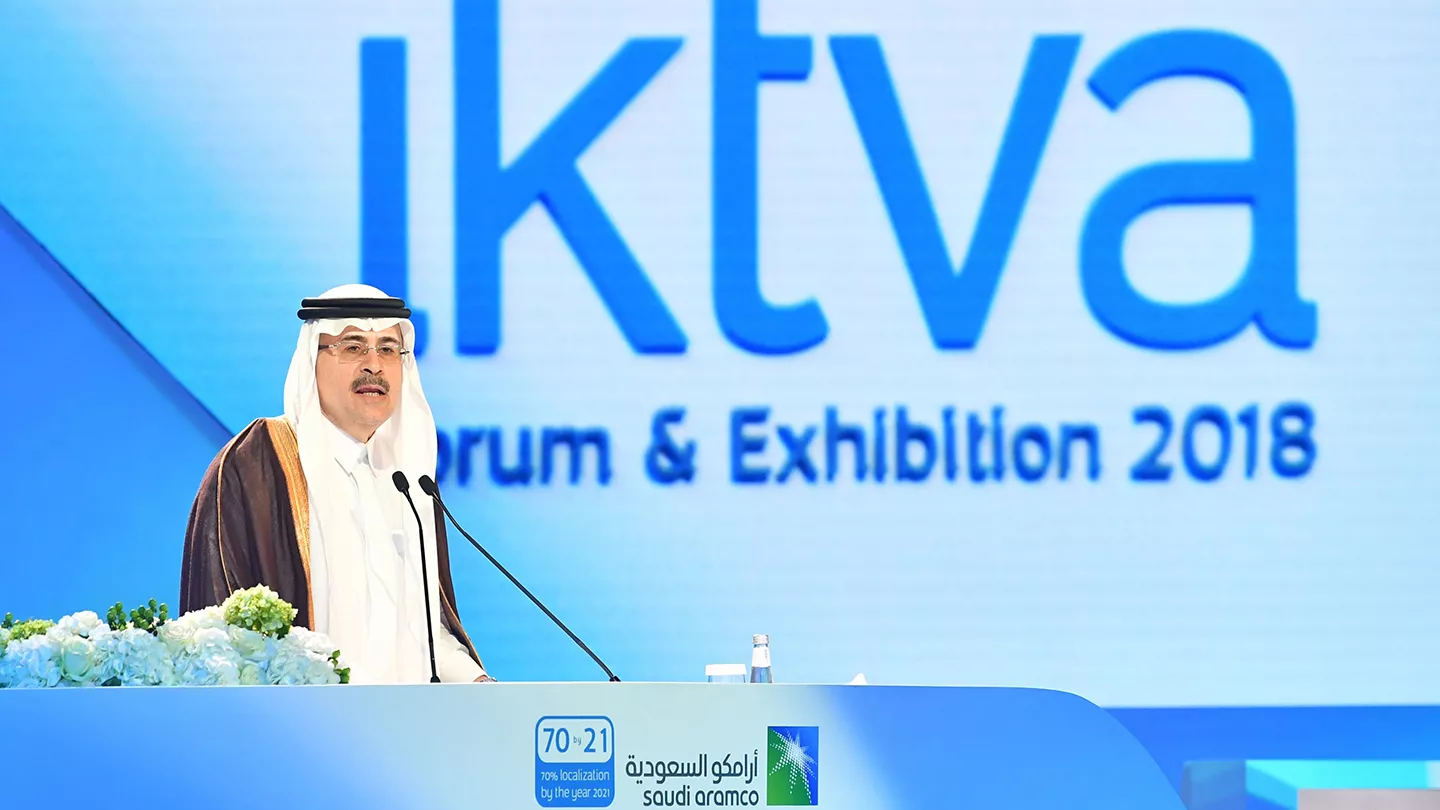 Saudi Aramco president and CEO holding speech at iktva 2018